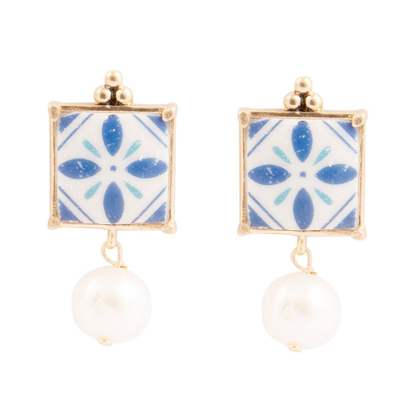 Santorini Dreams Tile Freshwater White Pearl Post Golden Earrings