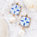 Santorini Dreams Tile Freshwater White Pearl Post Golden Earrings