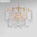 GobekUsa Scalloped Clear Textured Glass Drop Lamp Classic Dining Room Chandelier Light Fixture in Brass