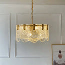 GobekUsa Scalloped Clear Textured Glass Drop Lamp Classic Dining Room Chandelier Light Fixture in Brass