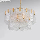 GobekUsa Scalloped Clear Textured Glass Drop Lamp Classic Dining Room Chandelier Light Fixture in Brass