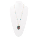 Scenic Red Florals Blue Apatite Golden Pendant Necklace