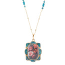 Scenic Red Florals Blue Apatite Golden Pendant Necklace