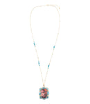 Scenic Red Florals Blue Apatite Golden Pendant Necklace