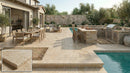 Outdoor patio with dining area, pool, and barbecue area. Scott Rustic Antique French Pattern Set Travertine Tile