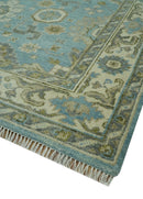 Sea Blue, Green and Ivory Hand Knotted Traditional Oushak Custom Made wool rug