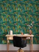 Tropical Leopard Jungle Wallpaper - Bold Leaves & Leopard Print on Green Background