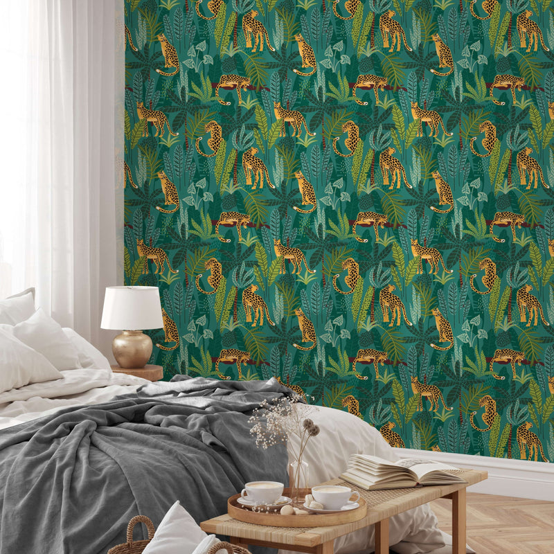 Tropical Leopard Jungle Wallpaper - Bold Leaves & Leopard Print on Green Background