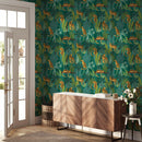 Tropical Leopard Jungle Wallpaper - Bold Leaves & Leopard Print on Green Background