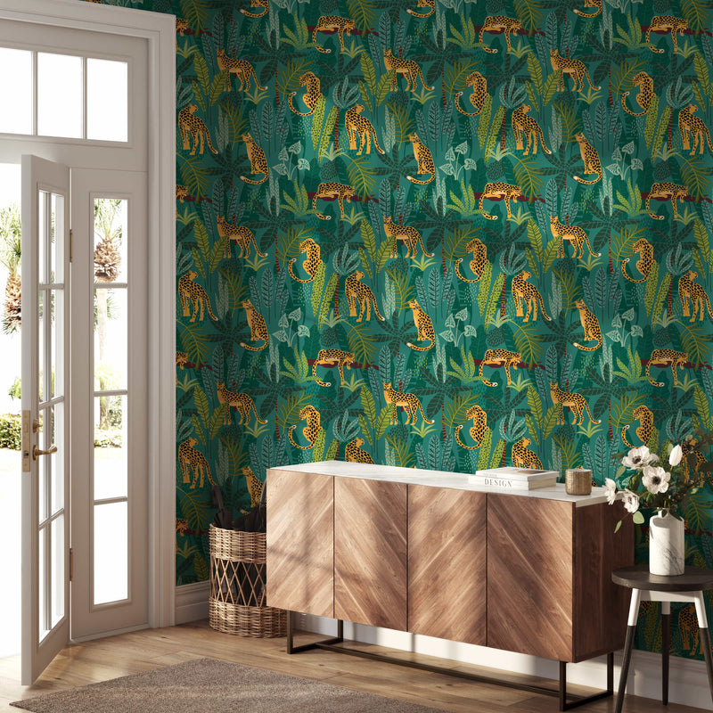 Tropical Leopard Jungle Wallpaper - Bold Leaves & Leopard Print on Green Background