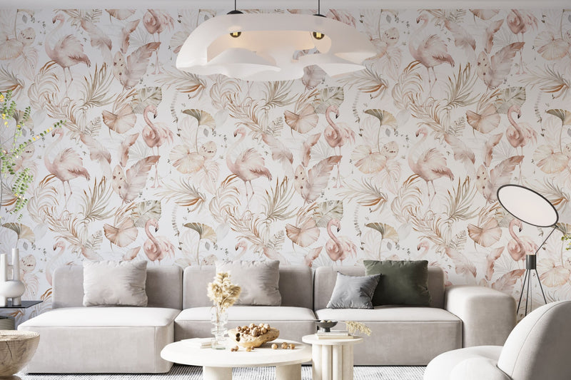 Watercolor Boho Pink Flamingo Wallpaper | Tropical Leaves Background