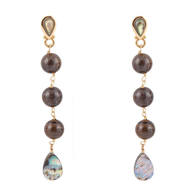 Sepia Sea Blue Abalone Post Golden Drop Earrings