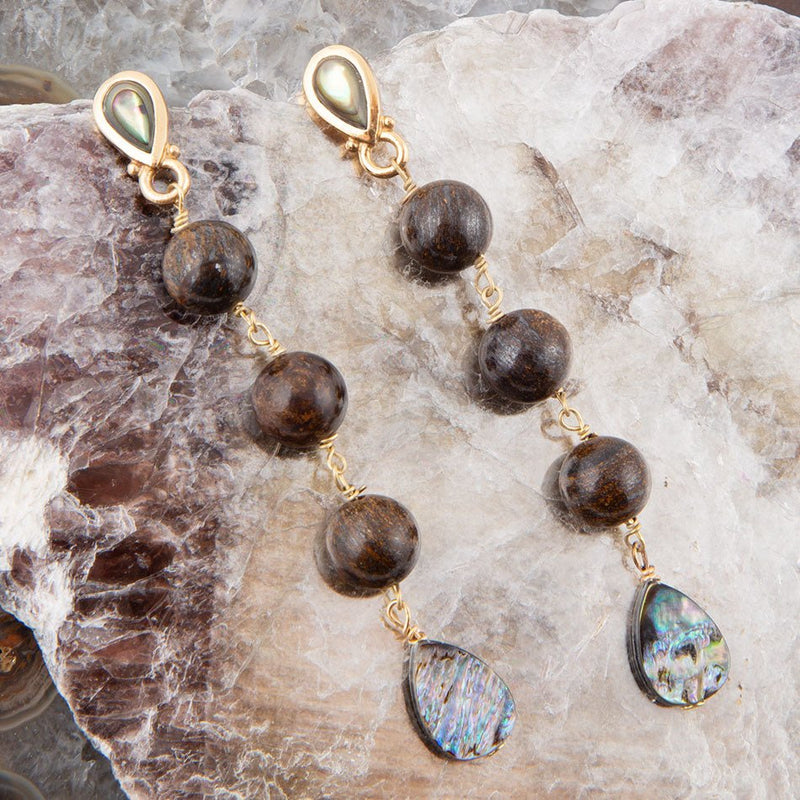 Sepia Sea Blue Abalone Post Golden Drop Earrings