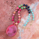 Serape Multi-Stone Pink Magenta Agate Pendant Necklace