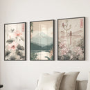 Japandi Style Set of 3 Wall Art. Floral and Mountain Prints by Wall Art Set