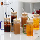 Set of 5 square glass mugs with colored handle kitchen drinking cups by Decorbites