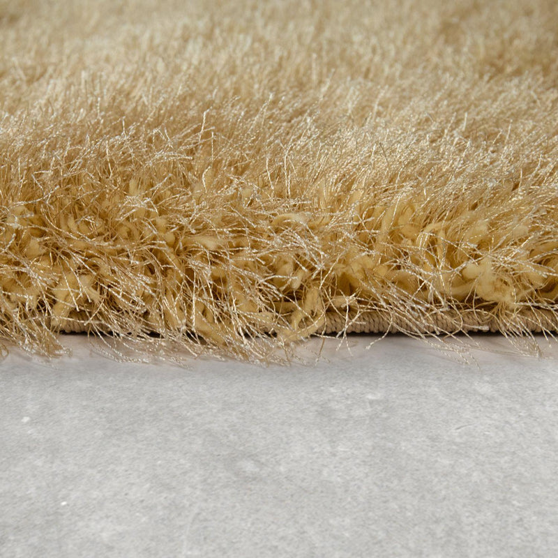 Shag Rug High Pile In Gold For Bedroom & Living Room Fluffy Glossy Pastel Yarn