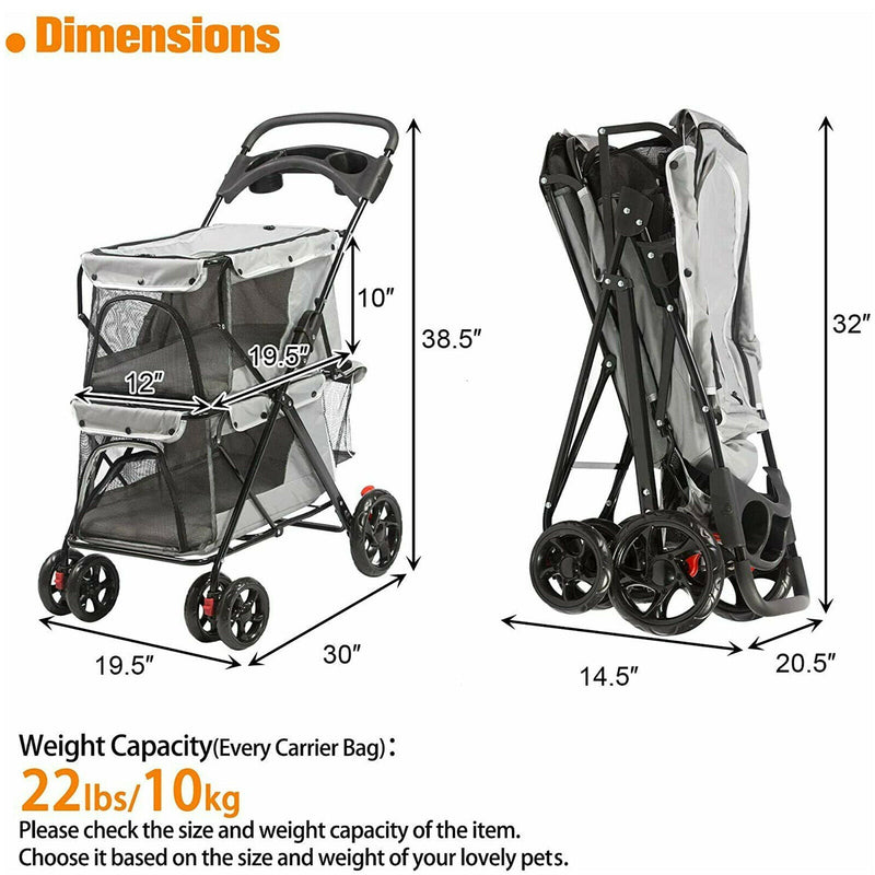 Double Decker Bus Pet Jogging Stroller for 2 Cats Dogs Travel Carrier Cage w/Cup Holders, Mesh Window and Soft Pad, Gray