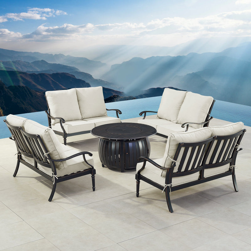 Black Aluminum Fire Table Set with Four Deep Seating Loveseats