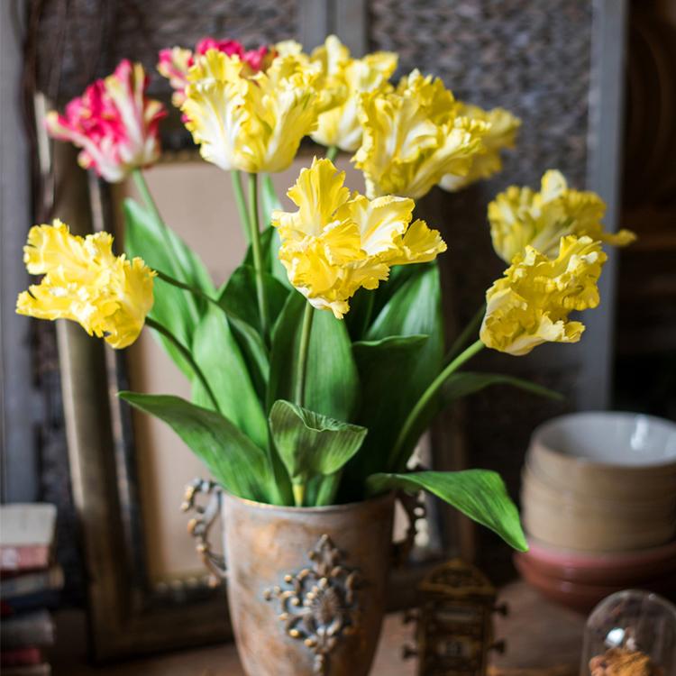 Faux Silk Flower Flame Tulip Flower Stem in Yellow 24" Tall