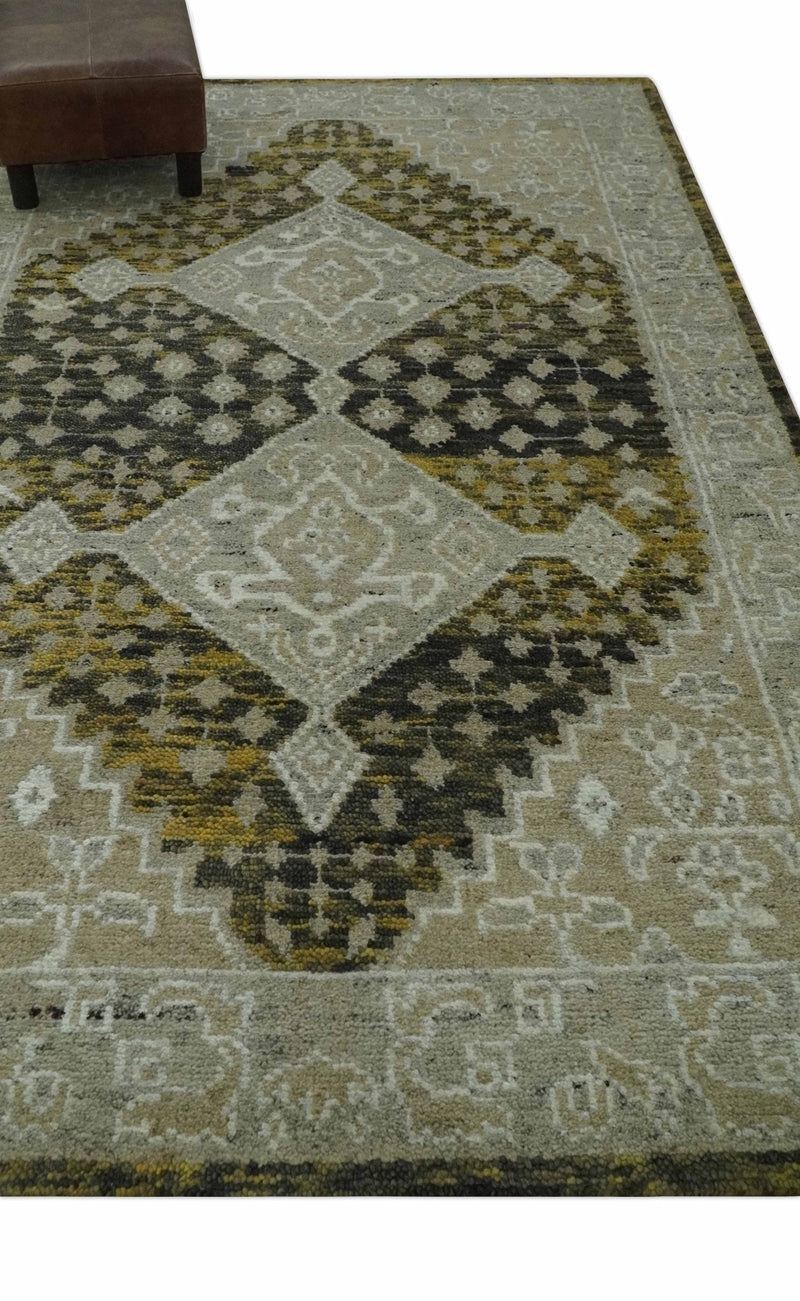 Silver, Beige, Olive and Charcoal Hand Knotted Traditional Heriz 5x8 wool Area Rug