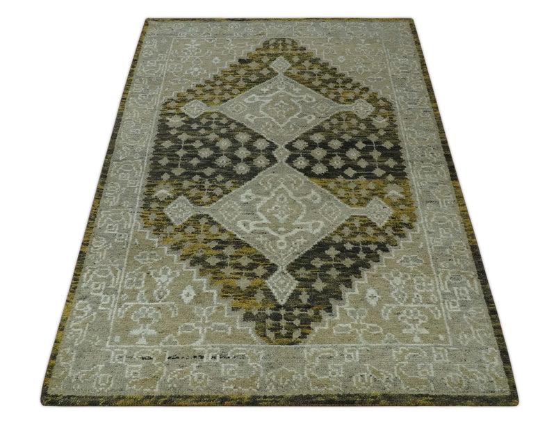 Silver, Beige, Olive and Charcoal Hand Knotted Traditional Heriz 5x8 wool Area Rug