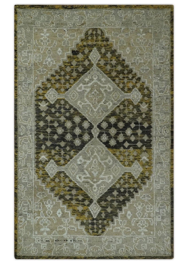 Silver, Beige, Olive and Charcoal Hand Knotted Traditional Heriz 5x8 wool Area Rug