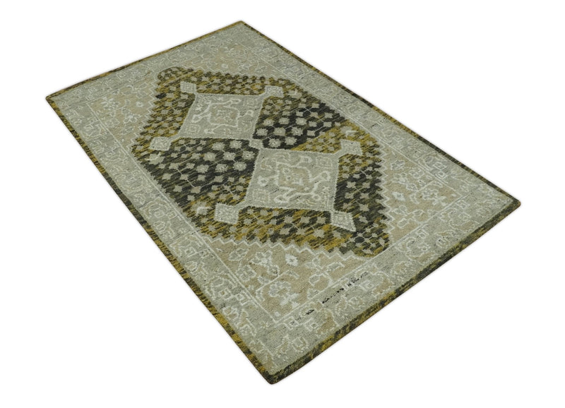Silver, Beige, Olive and Charcoal Hand Knotted Traditional Heriz 5x8 wool Area Rug