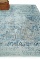 Silver, Blue and Olive Antique Finish, Vintage look, Art Silk Area Rug, Living Room Rug | TRDMM3