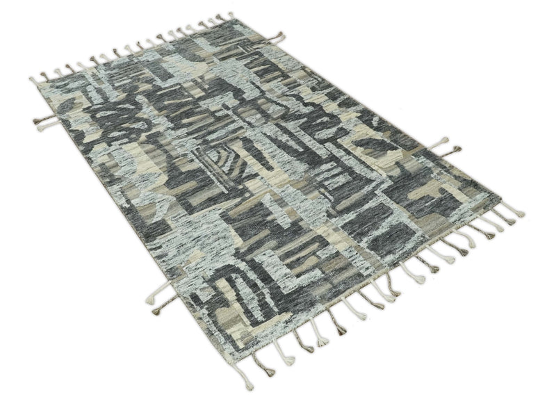 Silver, Charcoal, Beige and Tan Modern abstract Carved Texture 5x8 Hand Knotted Wool Area Rug