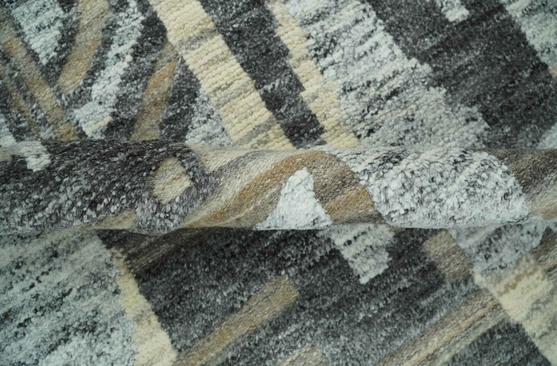 Silver, Charcoal, Beige and Tan Modern abstract Carved Texture 5x8 Hand Knotted Wool Area Rug