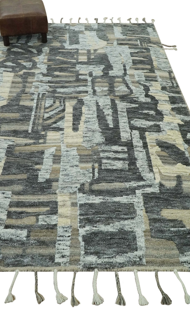 Silver, Charcoal, Beige and Tan Modern abstract Carved Texture 5x8 Hand Knotted Wool Area Rug