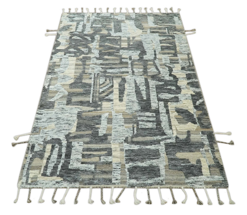 Silver, Charcoal, Beige and Tan Modern abstract Carved Texture 5x8 Hand Knotted Wool Area Rug