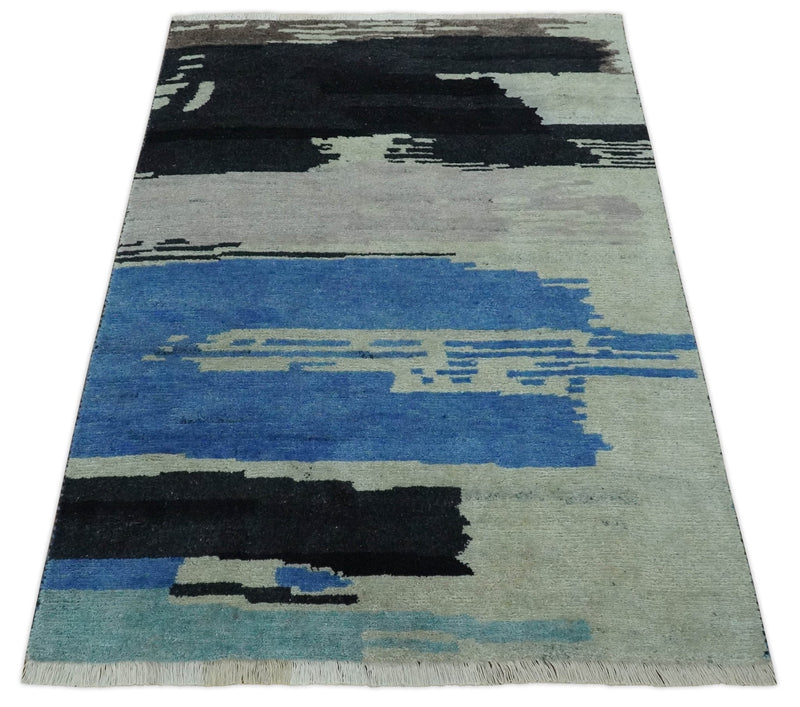 Silver, Ivory, Blue and charcoal Modern Abstract Hand loom 4x6 wool area Rug