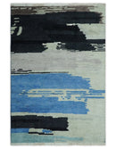 Silver, Ivory, Blue and charcoal Modern Abstract Hand loom 4x6 wool area Rug