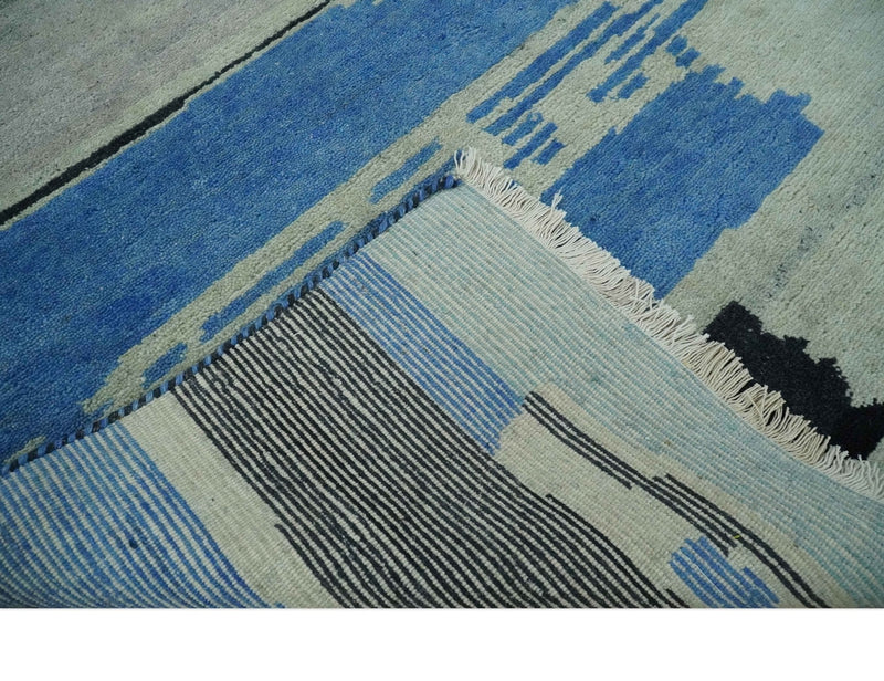 Silver, Ivory, Blue and charcoal Modern Abstract Hand loom 4x6 wool area Rug