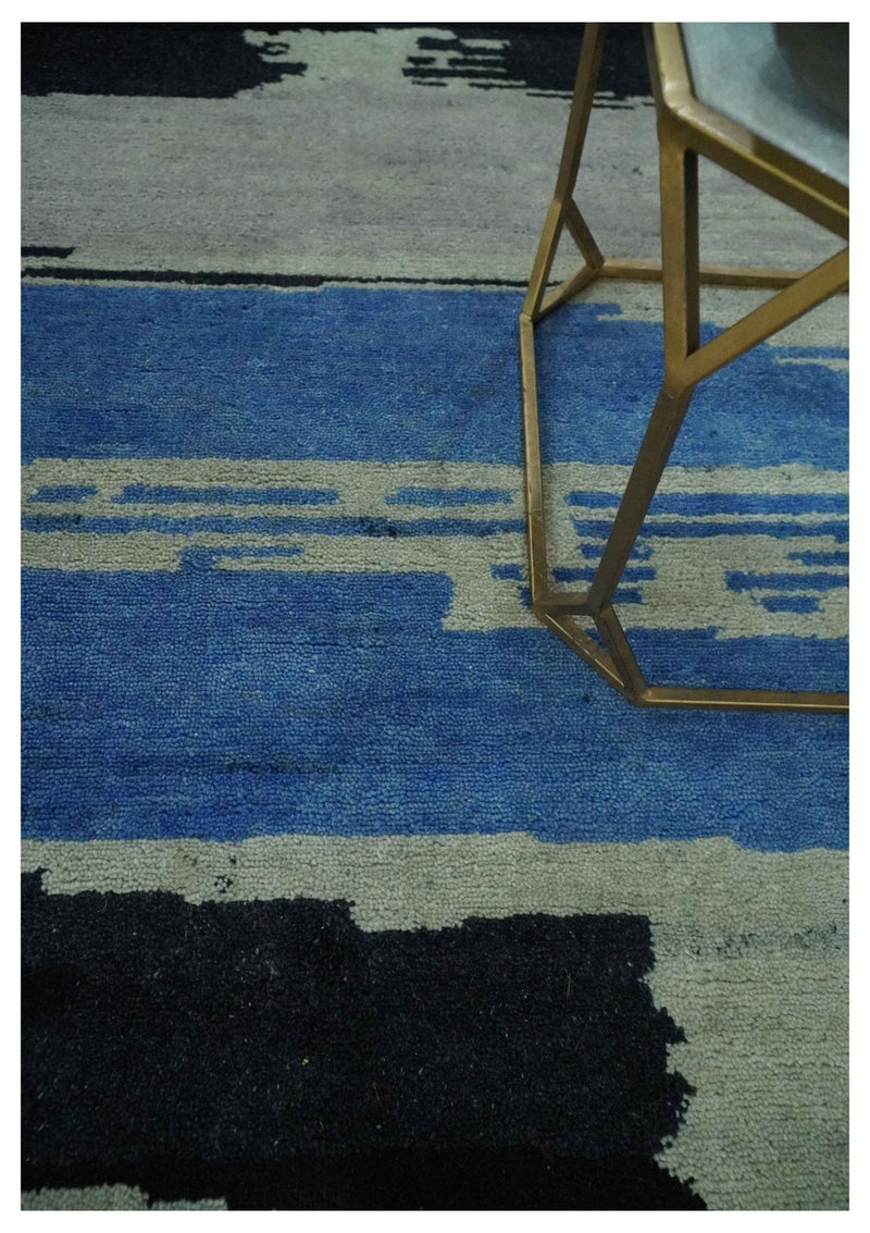 Silver, Ivory, Blue and charcoal Modern Abstract Hand loom 4x6 wool area Rug