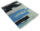Silver, Ivory, Blue and charcoal Modern Abstract Hand loom 4x6 wool area Rug