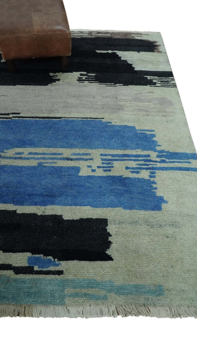 Silver, Ivory, Blue and charcoal Modern Abstract Hand loom 4x6 wool area Rug