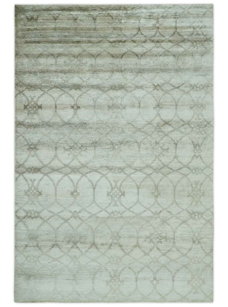 Silver, Olive and Gray Traditional Ikat Design 6x9 Hand loom Bamboo Silk Area Rug