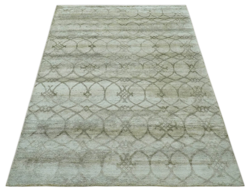 Silver, Olive and Gray Traditional Ikat Design 6x9 Hand loom Bamboo Silk Area Rug