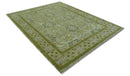 Silver Olive Green Wool Area Rug - Hand Knotted Traditional Floral