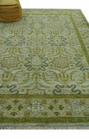 Silver Olive Green Wool Area Rug - Hand Knotted Traditional Floral