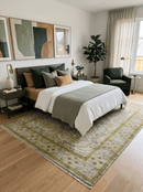 Silver Olive Green Wool Area Rug - Hand Knotted Traditional Floral