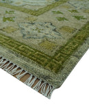 Silver Olive Green Wool Area Rug - Hand Knotted Traditional Floral