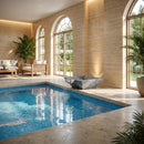 Indoor pool area with marble walls, large windows, and decorative elements. Silver Shadow Marble Natural Stone Pool Square Poolwok with Lip
