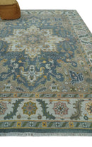 Silver, Teal and Taupe Hand knotted Traditional Heriz Serapi 9x12 Wool Area Rug by The Rug Decor