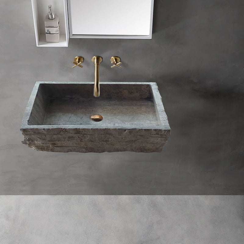 Silver Travertine Wall-mount Bathroom Sink Split-face Outside (W)16" (W)20" (H)5"