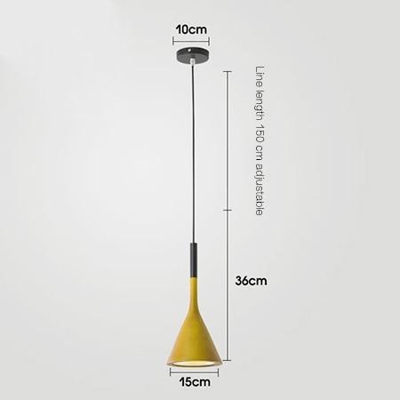 Yellow cone-shaped pendant light with black accents and adjustable cord.