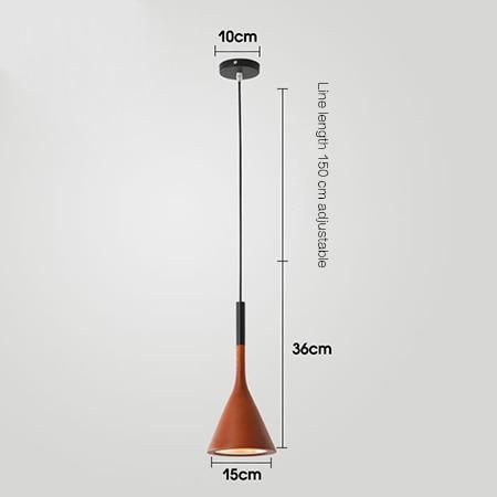 Terracotta cone-shaped pendant light with black accents and adjustable cord.